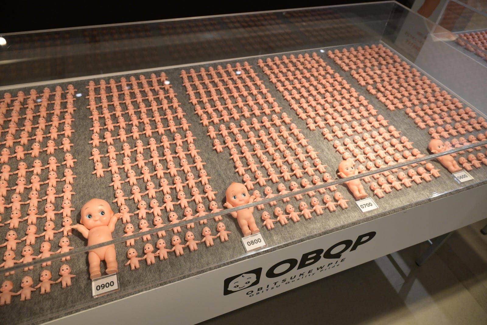 展示ケースに整然と並べられた多数のオビツキューピー
