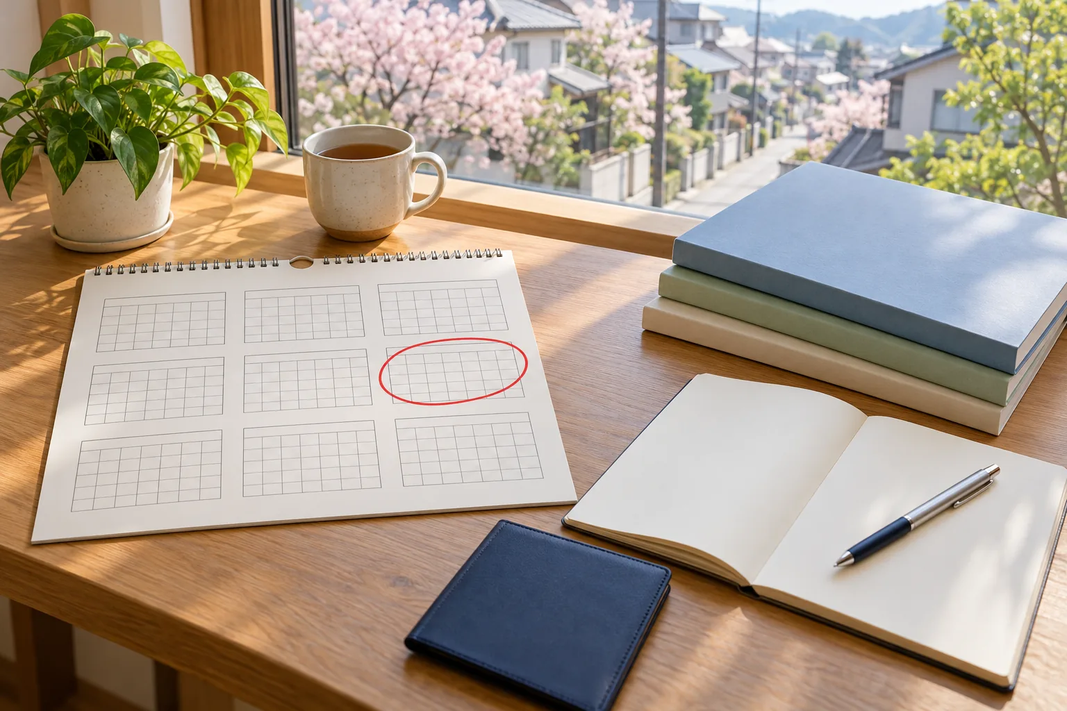ギャップイヤーの検討。窓辺の机に広げた年間カレンダーの一区画を赤く囲み、大学案内の冊子と開いたノートを並べた様子