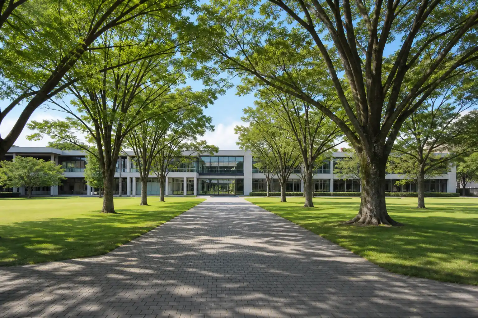 芝生に挟まれた並木道の先に低層の校舎が建つ大学キャンパスのイメージ画像。国際基督教大学(ICU)の評判を公表データから確かめる記事の挿絵で、同大学の実際の風景を撮影したものではありません