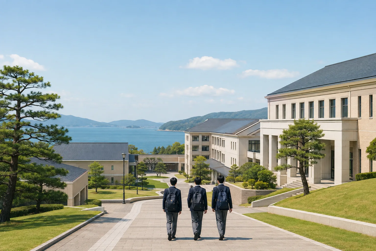 海を望む全寮制学校の校舎へ、制服姿の男子生徒たちが歩くイメージ