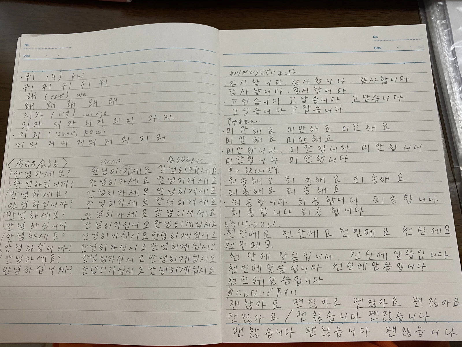 ハングルがびっしり書き込まれたノート