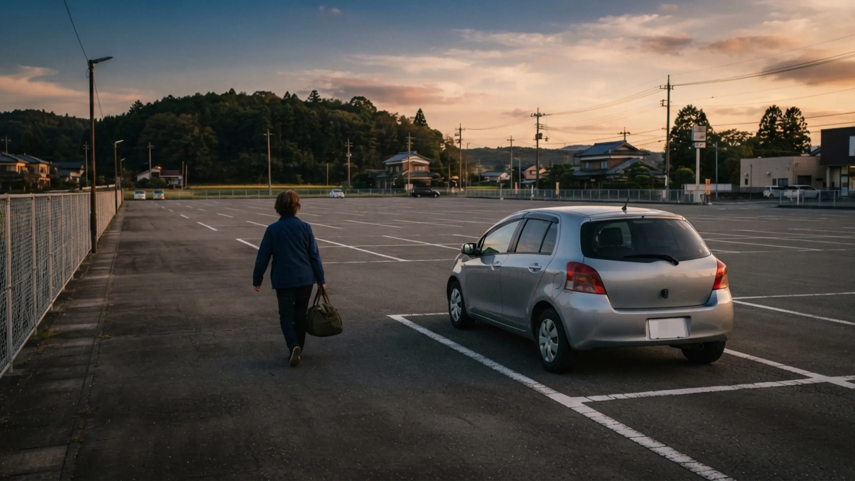 夕暮れの駐車場に停めて準備をする車と、遠征バッグを持って歩き出す人の後ろ姿